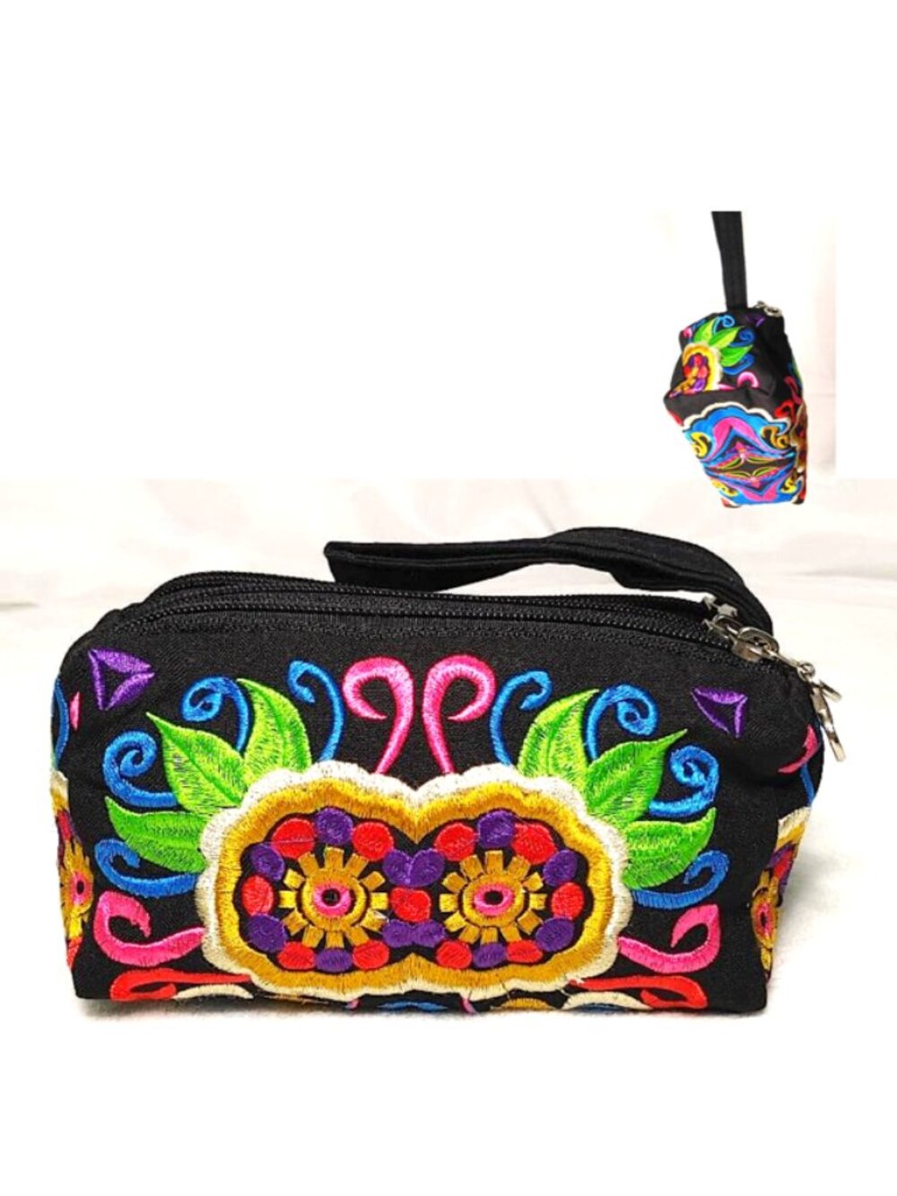 Embroidery Black Wristlet 3-Layer Zipper Geo Floral Fabric Gold Red Pouch Lined